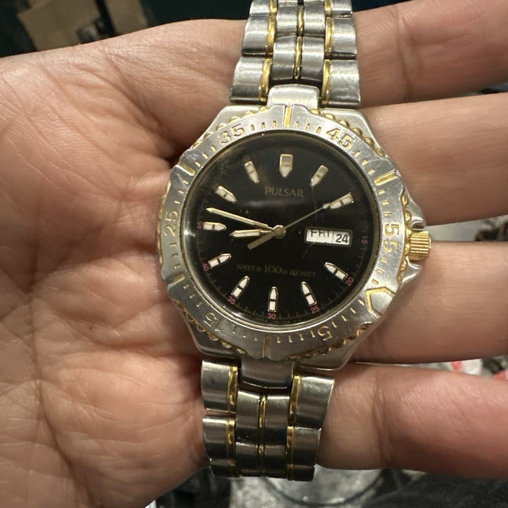 Works Pulsar Diver Mens Watch 40mm Two Tone Date V733 7A10 New Battery 7.5@ READ